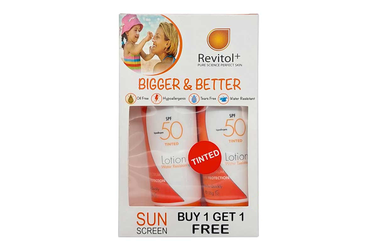 BOX BUY1GET1 REVITOL SUN SCREEN TINTED SPF50 LOTION - Milano Pharmacy