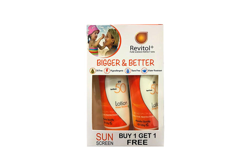 BOX BUY1GET1 REVITOL SUN SCREEN SPF50 LOTION 120GM - Milano Pharmacy