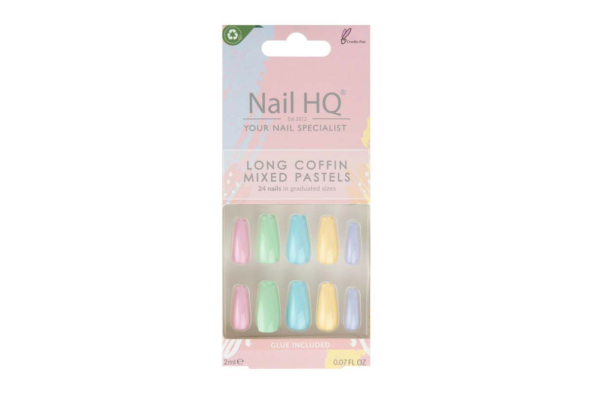 NAIL HQ LONG COFFIN MIXED PASTELS 24 NAILS PLUS 2ML GLUE - Milano Pharmacy