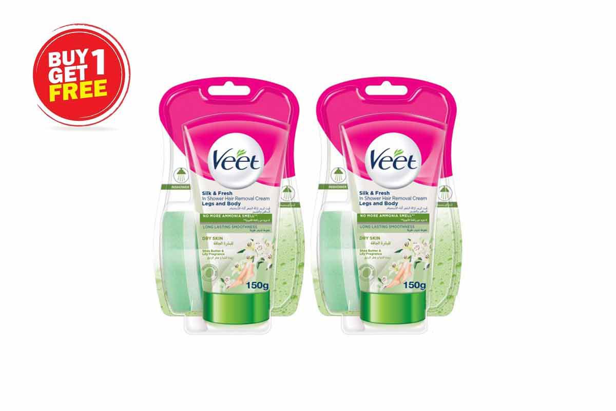 BOX BUY1GET1 VEET IN SHOWER HAIR REMOVAL SILK AND FRESH DRY SKIN CREAM 150 GM - Milano Pharmacy