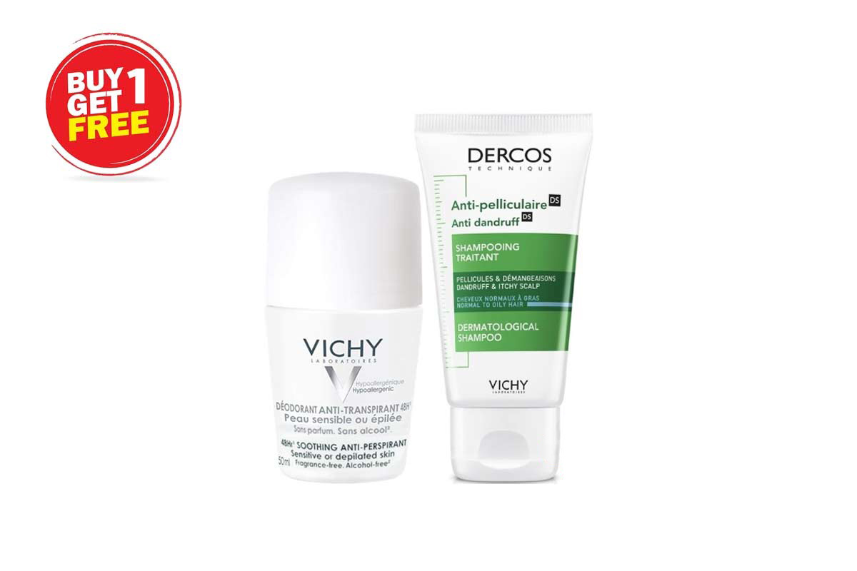 BOX BUY1GET1 VICHY DEODRANT WHITE PLUS ANTI D SHAMPOO 50ML - Milano Pharmacy