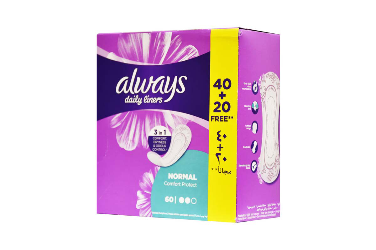 ALWAYS DAILY LINERS COMFORT PROTECT NORMAL 40 PLUS 20 PADS - Milano Pharmacy