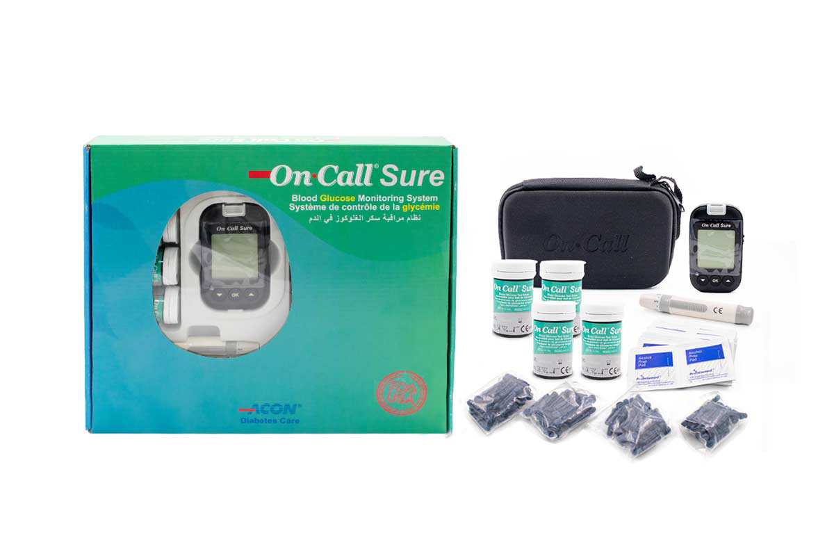 BOX OFFER ON CALL SURE BLOOD GLUCOSE MONITOR PLUS 100 STRIPS PLUS 100 LANCER PLUS 100 ALCOHOL - Milano Pharmacy