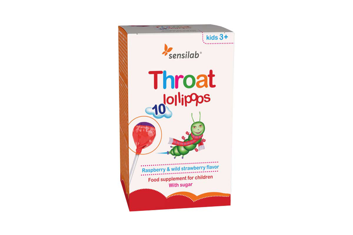 SENSILAB THROAT KIDS 3 PLUS RASPBERRY AND WILD STRAWBERRY FLAVOR 10 LOLLIPOPS - Milano Pharmacy