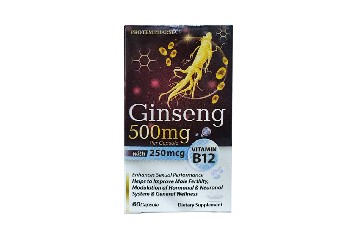 PROTEM PHARMA GINSENG 500MG WITH 250MCG VITAMIN B12 60 CAPSULES - Milano Pharmacy