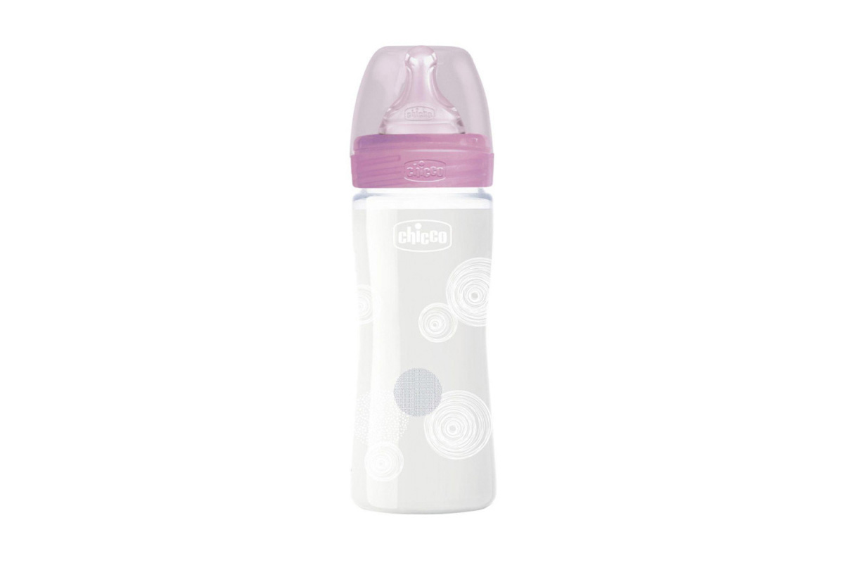 CHICCO WELL BEING FEEDING BOTTLE GLASS PINK GIRL 0 MONTHS PLUS 240 ML - Milano Pharmacy