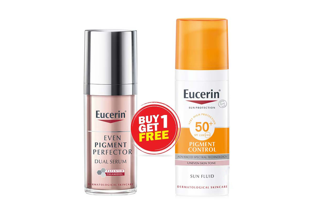 BOX BUY1GET1 EUCERIN PIGMENT PERFECTOR DUAL SERUM 30 ML PLUS PIGMENT CONTROL SUN FLUID SPF50 PLUS 50 ML - Milano Pharmacy