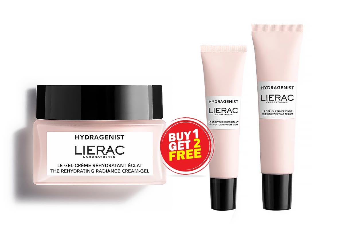 BOX BUY1GET2 LIERAC THE REHYDRATING RADIANCE CREAM GEL 50 ML PLUS EYE CARE 7.5 ML PLUS SERUM 15 ML - Milano Pharmacy