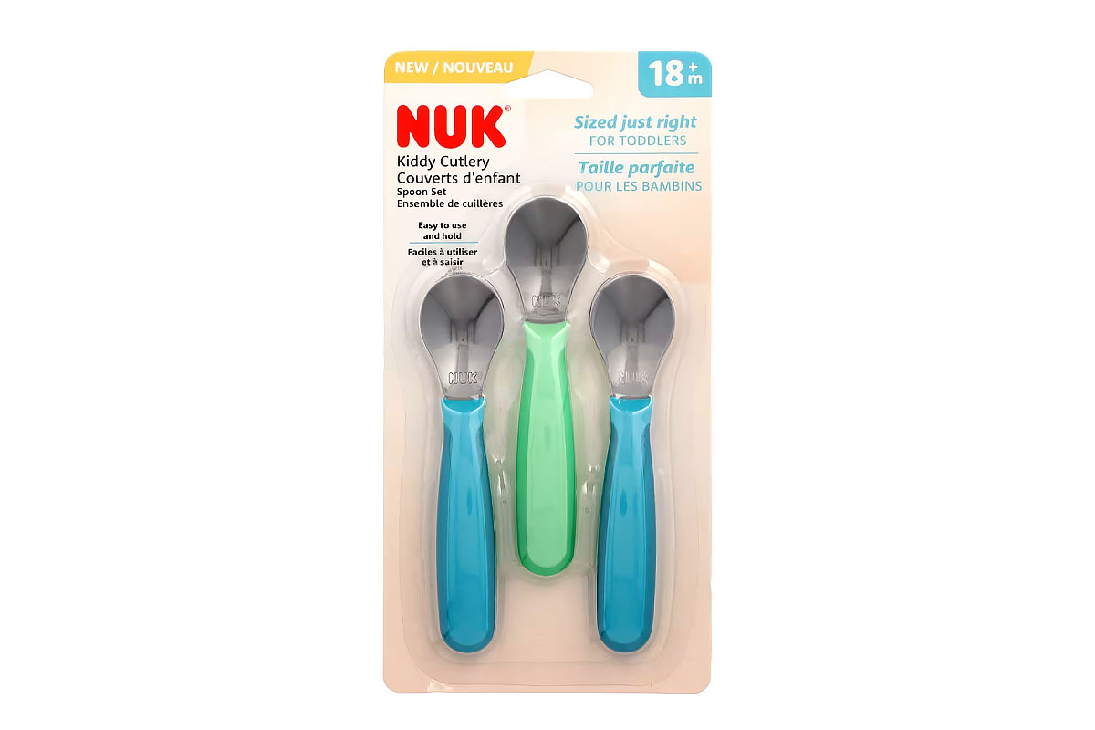 NUK KIDDY CUTLERY SPOON SET PLUS 18 MONTHS GREEN AND BLUE 3 PIECES - Milano Pharmacy