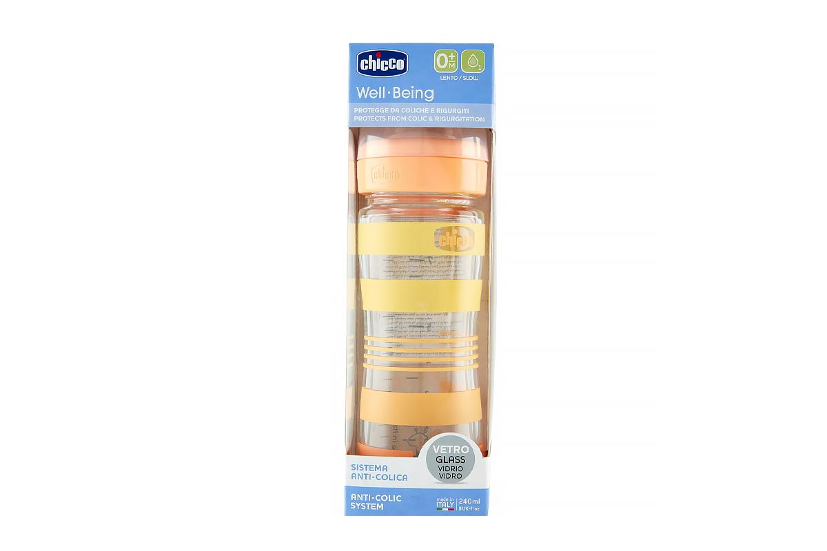 CHICCO WELL BEING GLASS FEEDING BOTTLE COLOR ORANGE AND YELLOW 0 MONTHS PLUS 240 ML - Milano Pharmacy