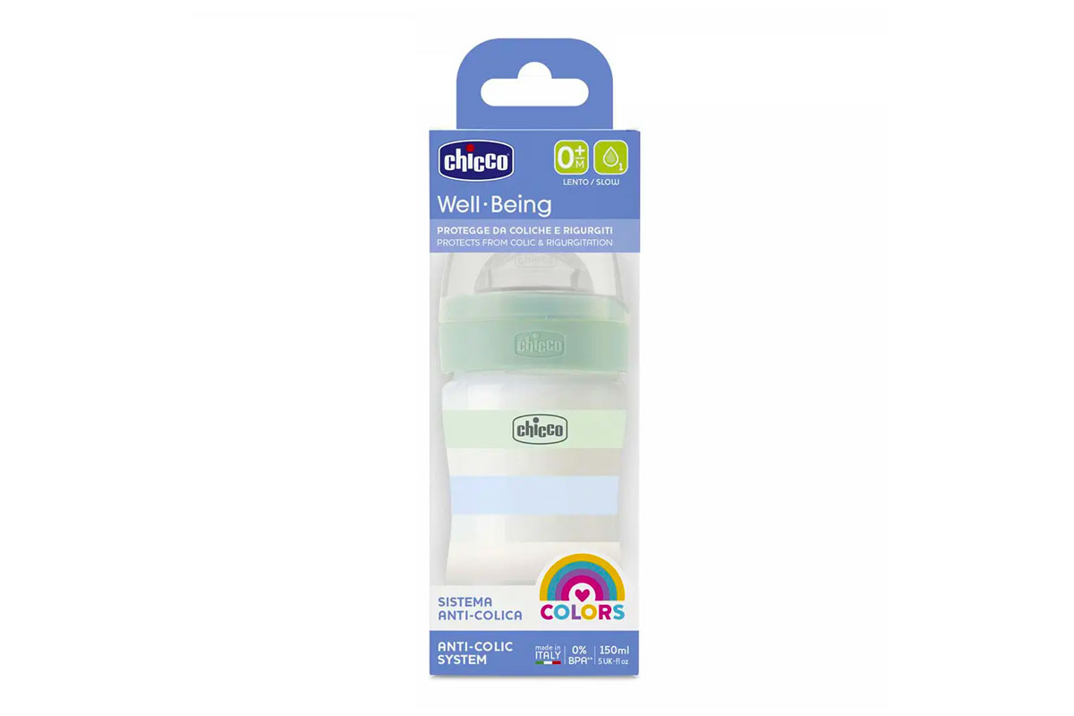 CHICCO WELL BEING PLASTIC FEEDING BOTTLE COLOR GREEN AND BLUE 0 MONTHS PLUS 150 ML - Milano Pharmacy