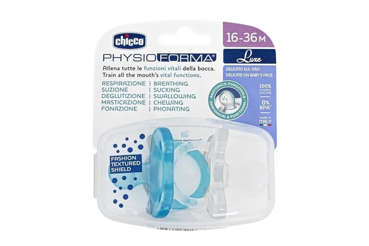 CHICCO PACIFIER PHYSIOFORMA LUXE FROM 16 TO 36 MONTHS COLOR BLUE AND WHITE 2 PCS - Milano Pharmacy