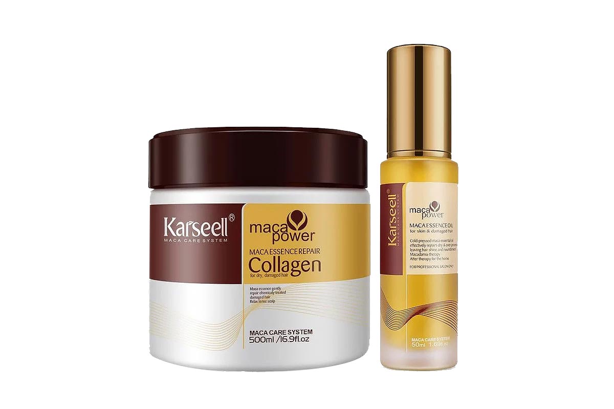 BOX BUY 1 GET 1 KARSEELL MACA REPAIR SET COLLAGEN HAIR MASK 500 ML PLUS ESSENCE OIL 50 ML - Milano Pharmacy