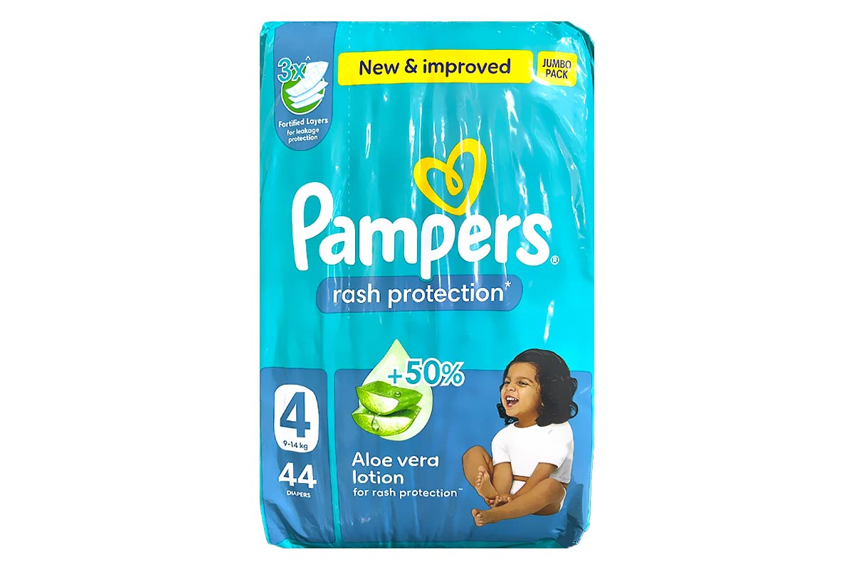 PAMPERS RASH PROTECTION DIAPERS WITH ALOE VERA LOTION - NO 4 FROM 9 TO 14 KG 44 DIAPERS - Milano Pharmacy