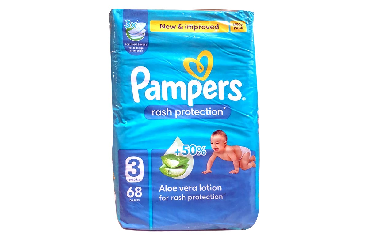 PAMPERS RASH PROTECTION DIAPERS WITH ALOE VERA LOTION - NO 3 FROM 6 TO 10 KG 68 DIAPERS - Milano Pharmacy