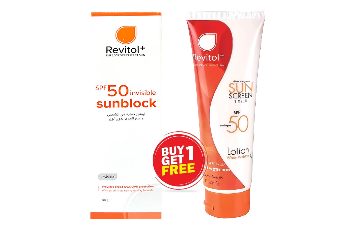 BOX BUY1GET1 REVITOL SUN SCREEN SPF50 LOTION 120GM - Milano Pharmacy