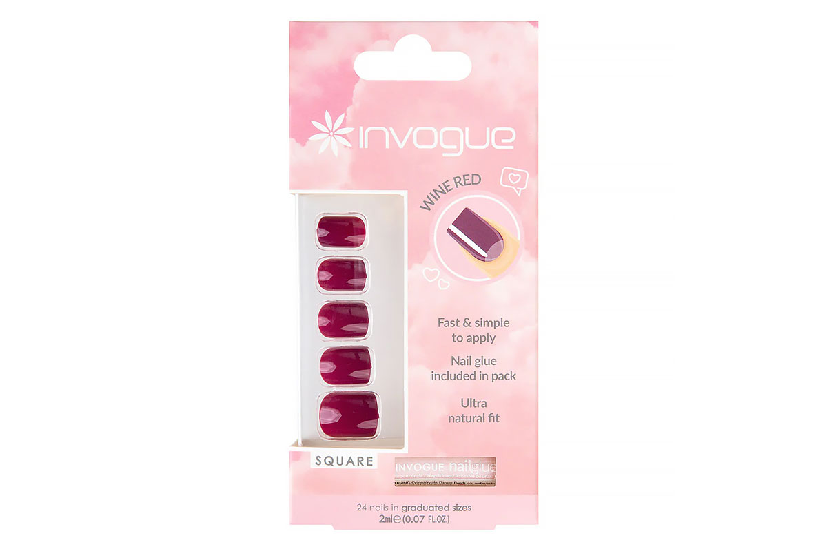 INVOGUE PRESS ON NAILS WINE RED SQUARE 24 NAILS WITH 2 ML GLUE - Milano Pharmacy
