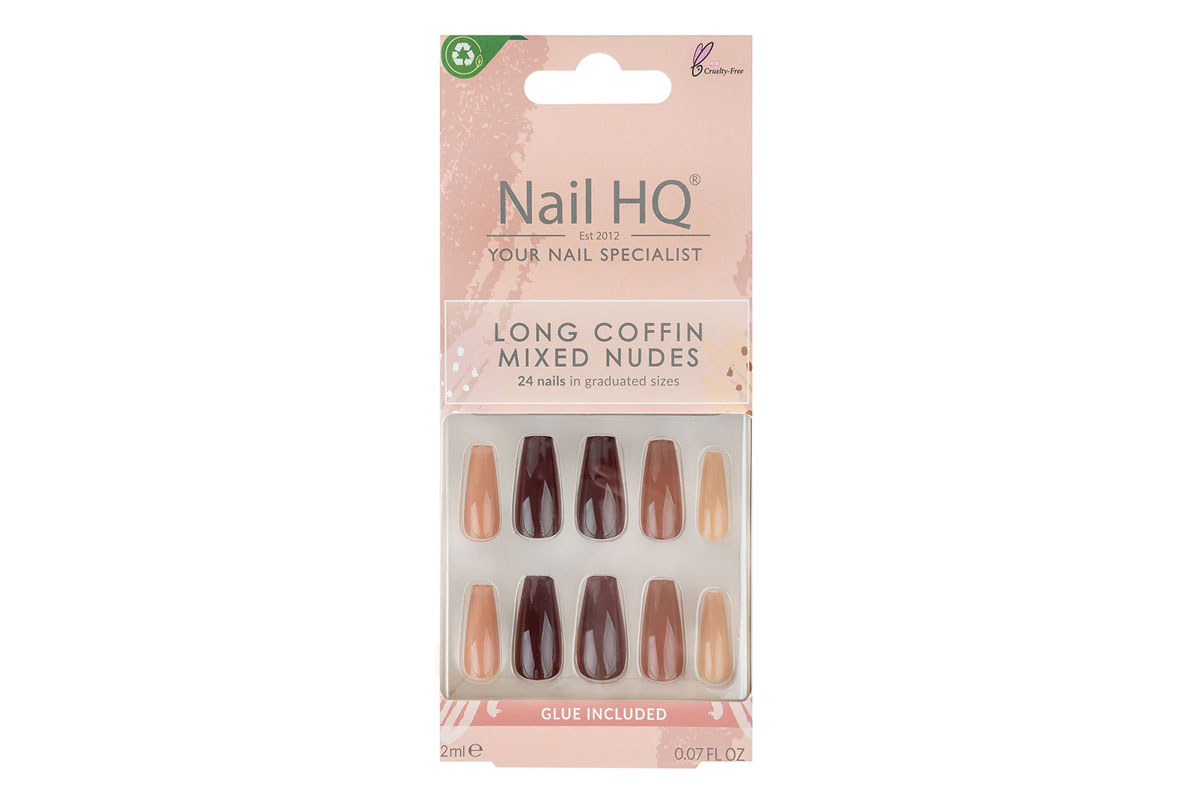 NAIL HQ PRESS ON NAILS LONG COFFIN MIXED NUDES 24 NAILS WITH 2 ML GLUE - Milano Pharmacy