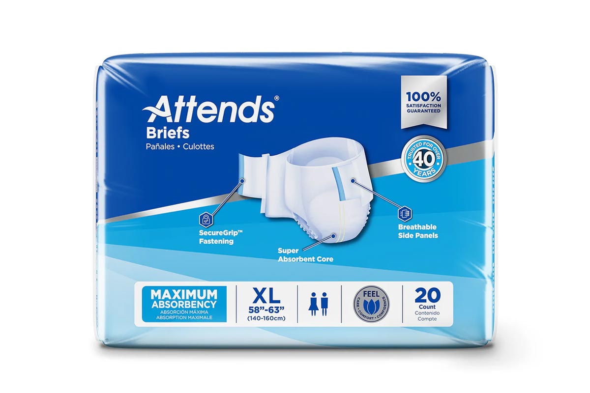 ATTENDS BRIEFS MAXIMUM ABSORBENCY XL (58-63) 20 COUNT - Milano Pharmacy